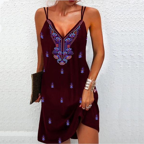 Abiti casual Donna Moda Boho Abito stampato Scollo a V Spalle scoperte Cinturino per spaghetti Summer Beach Midi Senza maniche Tank Party