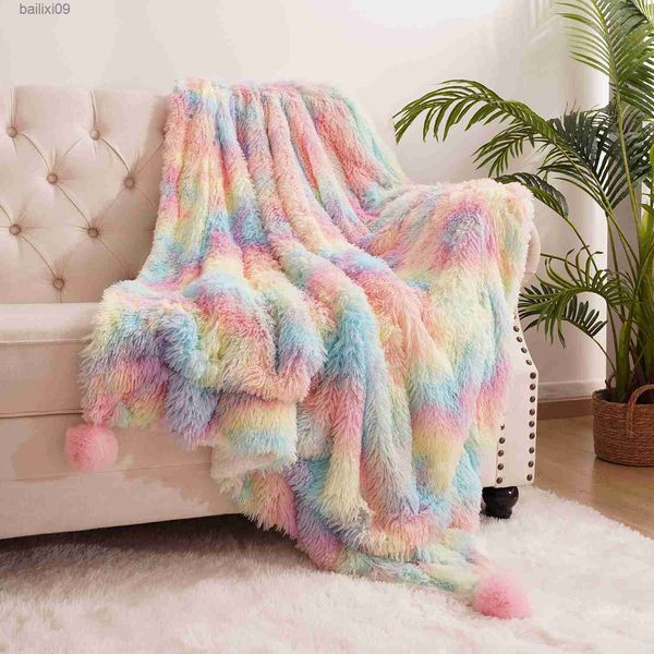 Coperte LOCHAS Arcobaleno Soffice peluche coperta Copriletto letto plaid sul copridivano simpatico arredamento per bambini coperte per letti palla di pelo T230710