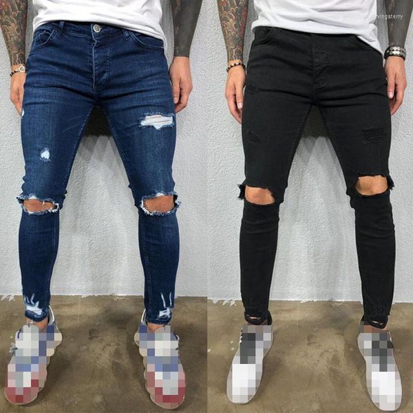 Jeans da uomo Uomo Strappato Skinny Moda Foro al ginocchio Distrutto Sfilacciato Nero Stretch Hombre Casual Pantaloni a matita in denim blu Streetwear