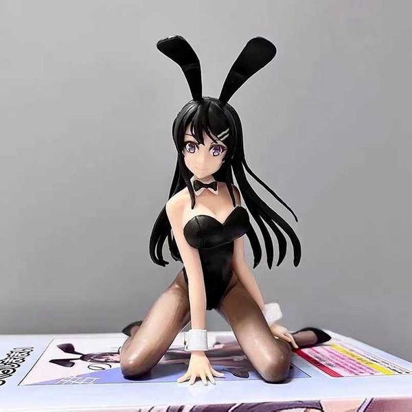 Figuras de brinquedo de ação 13cm anime figura jovem piggy sakurajima sexy preto seda coelho menina ajoelhada postura boneca coleção brinquedo