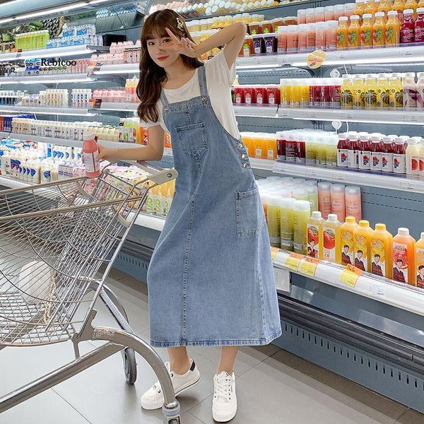 Casual Kleider Denim Overall Kleid Frauen Koreanischen Stil Solide Spaghetti Strap Tasche Jeans Sommerkleid Preppy Mädchen Student