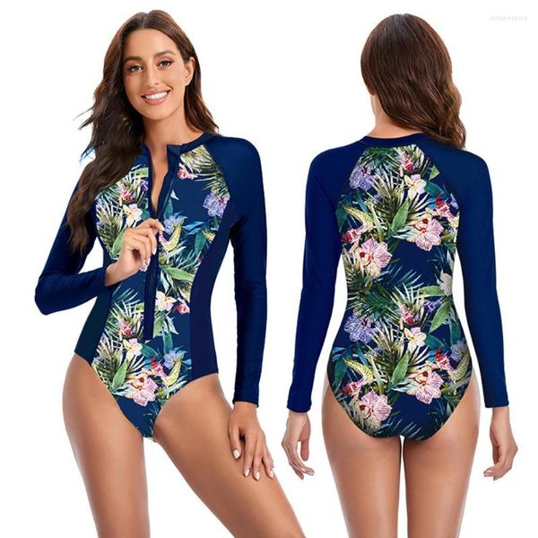 Fato de banho feminino azul e estampado maiô manga longa maiô feminino retrô vintage maiô surfe