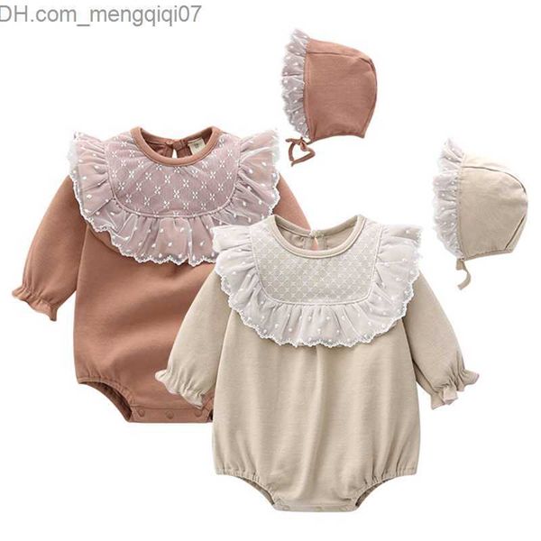 Macacão Primavera Outono Renda Bebê Recém Nascido Conjunto Princesa Bodysuit Meninas Vestuário justo + Chapéu Z230710