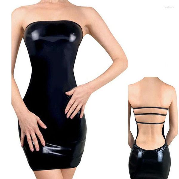 Vestidos casuais mulheres Pu Couro Vestido Sem Vestido Sem Caso Bodycon Sexy Skrap Wrap Baine