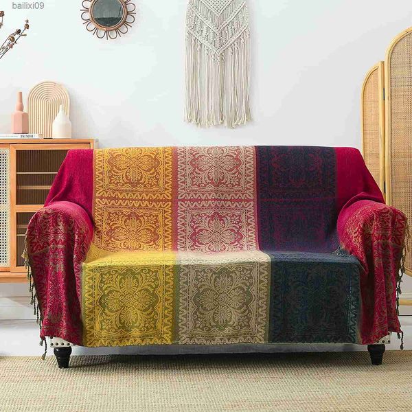 Decken Boho Bunte Tribal gewebte Chenille-Jacquard-Überwurfdecke mit Quaste Bohemian Hippie-Dekor für Bett Sofa Loveseat Recliner T230710