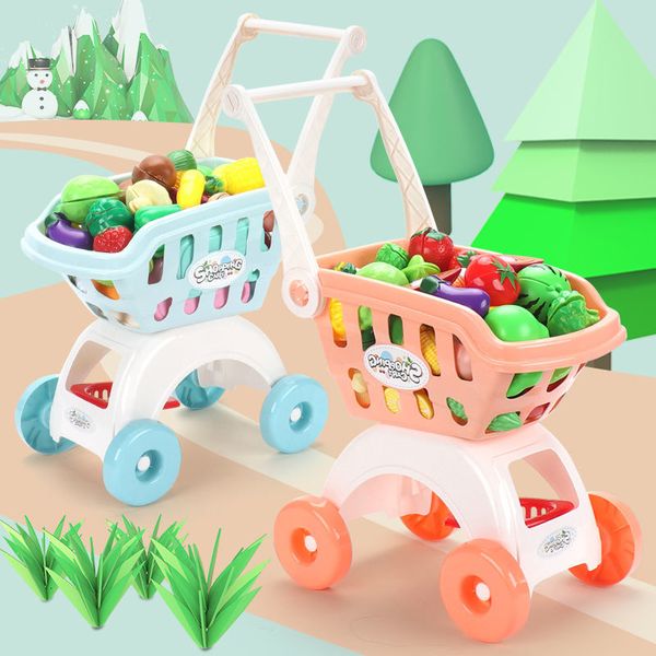 Küchen Spielen Lebensmittel 18Pcs Einkaufswagen Warenkorb Supermarkt Trolley Push-Auto Spielzeug Korb Mini Simulation Obst Lebensmittel Pretend spielen Spielzeug für Kinder 230710