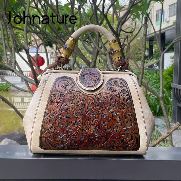 Bolsas de noite Johnature bolsa de luxo outono vintage feito à mão em couro esculpido bolsa feminina versátil ombro a tiracolo 230710