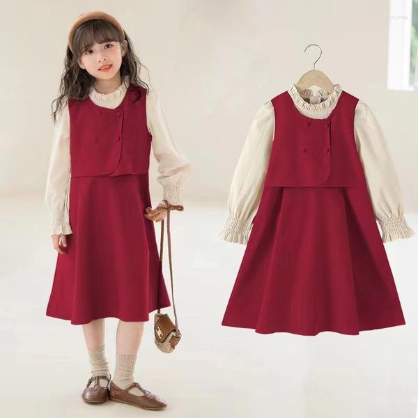 Девушка платья плюс флисовая подкладка Зимняя большая девочка платье детская одежда Детская осень красный бежевый костюм с длинным рукавом модная одежда