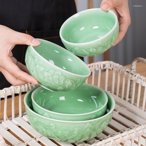 Schüsseln Longquan Celadon verdickte große Suppenschüssel Reisnudel kreative Keramik Home gebundene Pfingstrose EL-Geschirr