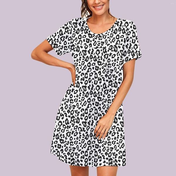 Vestidos casuais com estampa de leopardo verão para mulheres 2023 pijamas vestido de manga curta plissado roupas femininas vestidos