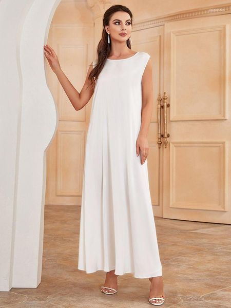 Roupas étnicas Ramadan Eid Mubarak Branco Abaya Dubai Turquia Islamismo Muçulmano Vestido Sem Manga Longa Jalabiya Kaftan Para Mulheres Robe Femme