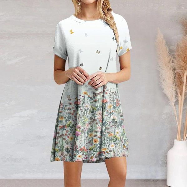 Freizeitkleider Sommerkleid für Damen 2023 Damen-Mini-Sommerkleider, bedruckt, kurzärmelig, Rundhalsausschnitt, fließendes Rüschen-Hemdkleid