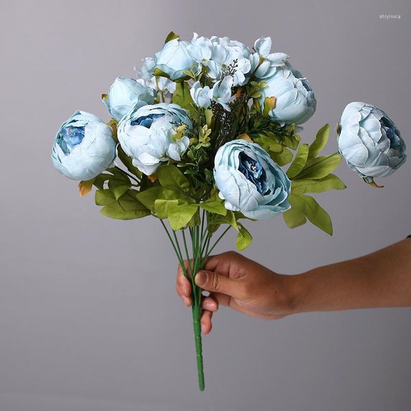 Dekoratif Çiçekler 1 Bunch Şakayık Yapay Mavi Gül Pembe İpek Buket Sahte Ev Düğün Partisi Bahçe Dekoru