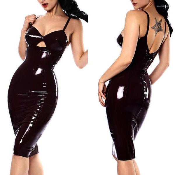 Vestidos Casuais S-XXL Brilhante Pvc Látex Vestido Feminino Sexy Alça Espaguete Oco Couro PU Bodycon Bandage Vestidos Club Vestidos