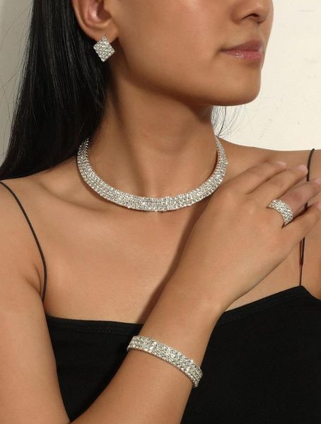 Halskette-Ohrringe-Set, echter Diamant-Schmuck, Strass, Braut-Choker, Ringe, Armbänder, 4-teilig, Hochzeit