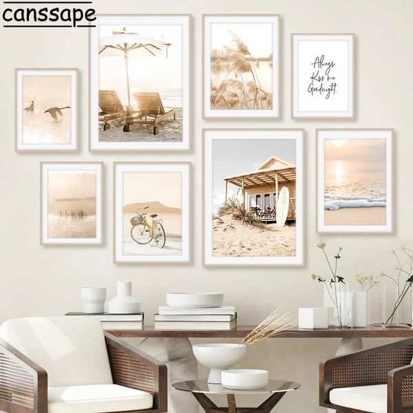 Gemälde Beige Landschaft Wandposter Hay Reed Bike Print Bilder Strand Kunstdrucke Vögel Leinwand Nordic Poster Wohnzimmer Dekor 230707