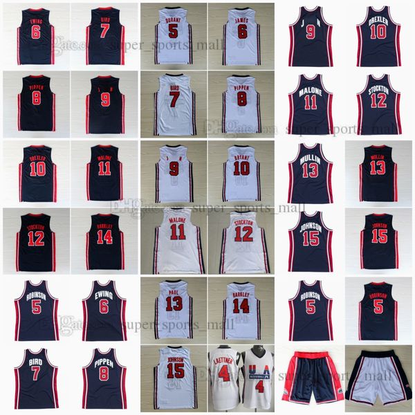 1992 Retro Jersey Basketbol Barkley Laettner Bird Robinson Drexler Pippen Malone Stockton Mullin Johnson Dikişli Jersey Şort