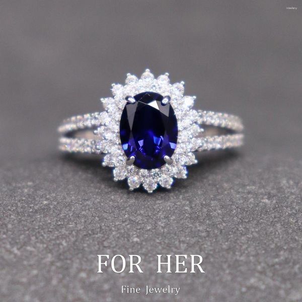 Cluster-Ringe ForHer Jewelry Design Lab Grown Sapphire Princess Ring Damen S925 Sliver Royal Blue Oval Cut Modeaccessoires