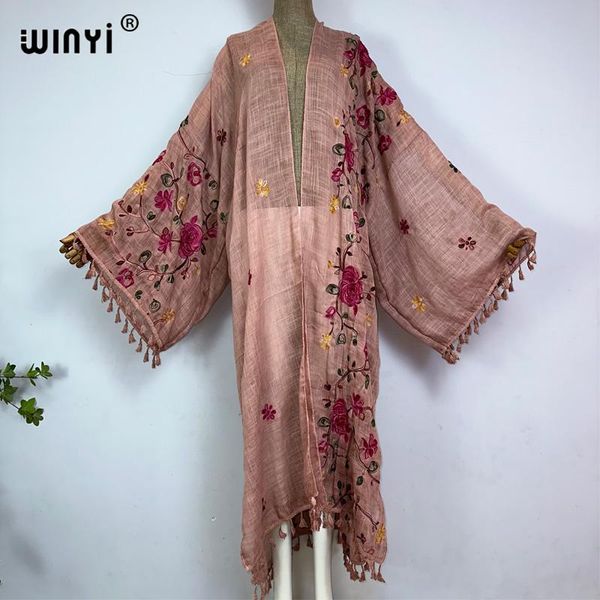 Abito Winyi Summer Fashion Women Wassel Pashmina ricamo cappotto lungo soprabito overlout spesso caldo free free medio -orientale kimono femmina