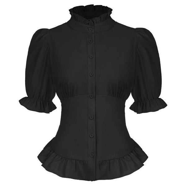Hosen Bp Frauen Vintage Rüschenhemd Puff Kurzarm Stehkragen Button Up Bluse 50er Jahre Retro Sommer Tops Viktorianisches Ol Bürohemd