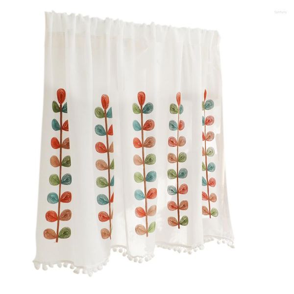 Cortina para decoração de casa Cortinas de voile estilo europeu para sala de estar janela plana curto café tule branco folhas bordadas