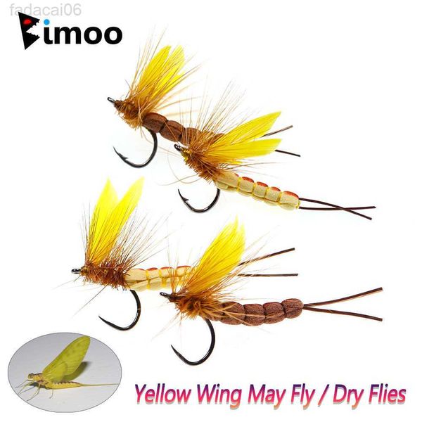 Приманки приманки Bimoo 6pcs #8 #10 Желто -дрейк -пера крыла Mayfly колючка и безумная сухая муха скалистые реки. Форелька рыбалка для мух приманки Hkd230710