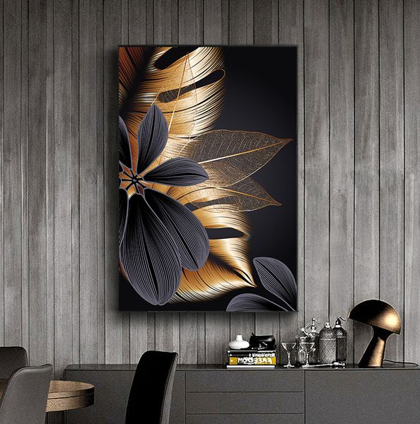 Картины художественная живопись скандинавской гостиной украшения картинка черное золотое растение листьев холст Принт современный домашний декор абстрактный стена 230707