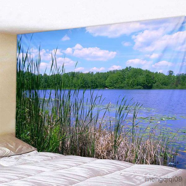 Arazzi Lago Acqua Cielo blu Tramonto Paesaggio Appeso a parete Arazzo Art Deco Coperta Tenda Camera da letto Soggiorno Decorazione R230710