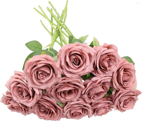 Fiori decorativi Fiore di rosa artificiale 12 pezzi di seta finta polverosa dall'aspetto reale con steli per bouquet da sposa fai da te