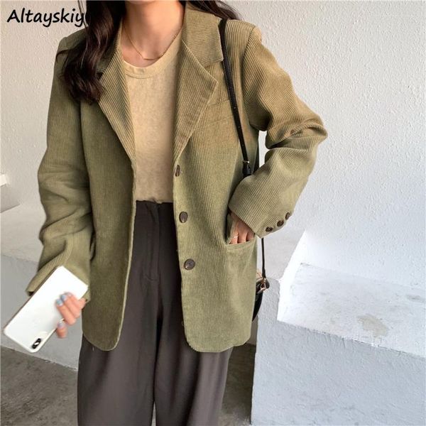 Ternos femininos grossos blazers de veludo cotelê feminino vintage entalhado casacos de inverno sólido elegante solto ropa mujer all-match para mulheres estética quente