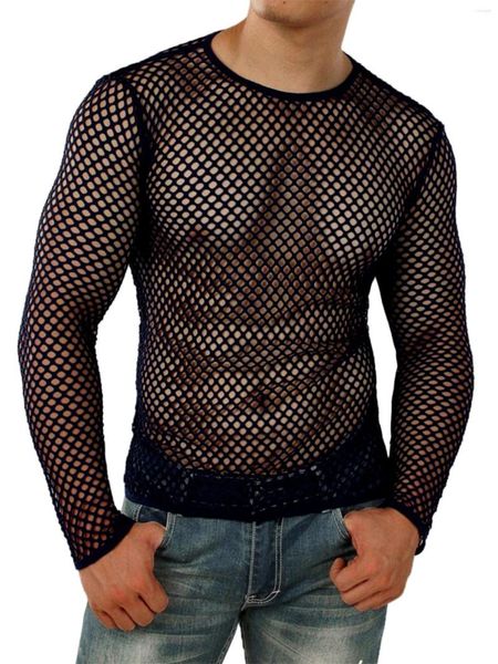 T-shirt da uomo T-shirt da uomo a rete con scollo a V Manica lunga Girocollo Muscle See-Through Top Personalità estiva Stretto