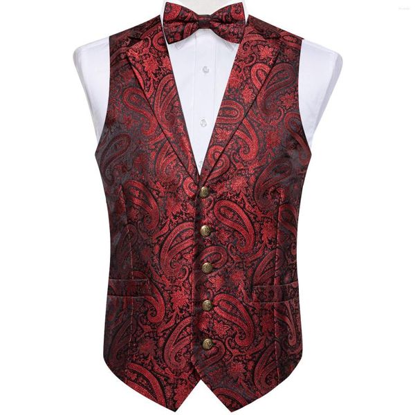 Coletes masculinos de luxo de seda vermelho paisley colete masculino para negócios de casamento outono inverno sem mangas colete homem gravata borboleta lenço abotoaduras