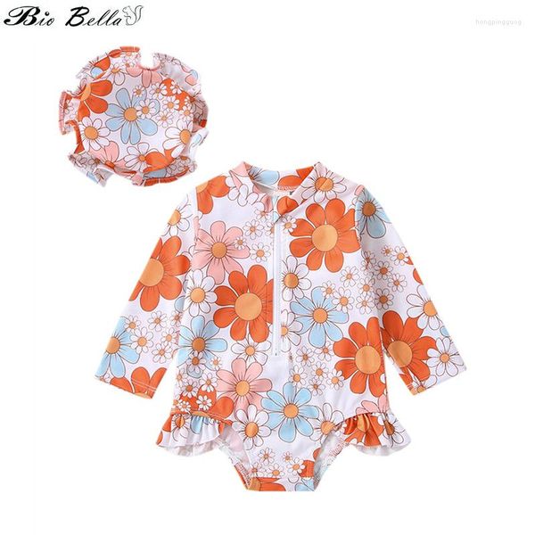 Roupa de banho feminina estilo maiô para meninas manga longa peça única floral infantil maiô franzido roupa de praia