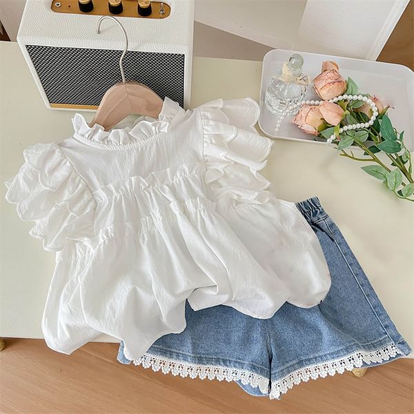 Conjunto de roupas para bebês e meninas, camisa de boneca fofa, blusa com shorts jeans, roupas femininas de verão ao ar livre 230707