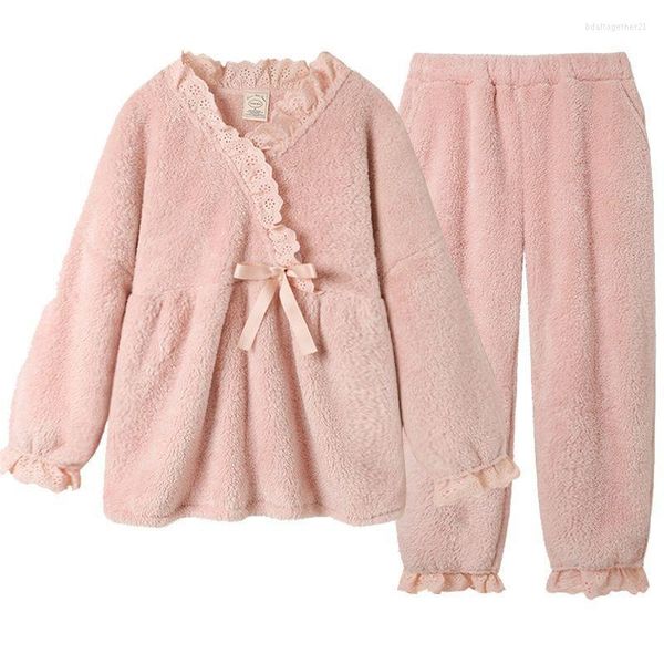 Damen-Nachtwäsche, rosa Korallensamt, Winter-Pyjama-Set, 2 Stück, lange Hosen, Pyjama-Anzüge, intime warme Nachtwäsche, V-Ausschnitt, Robe, Bund, Spitze