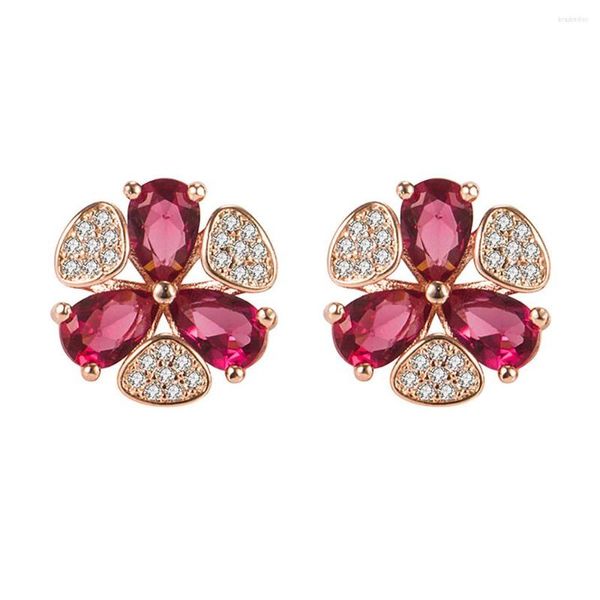 Brincos elegantes moda moinho de vento flor cristal vermelho rubi pedras preciosas diamantes feminino rosa ouro cor jóias acessórios 2023