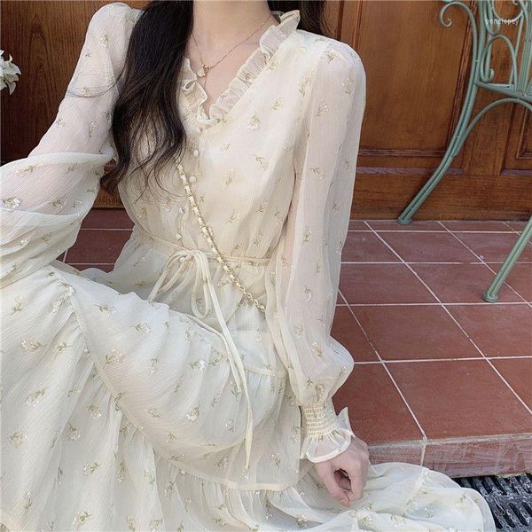 Casual Kleider Lange Ärmel Frühling Herbst Floral Chiffon Kleid Koreanische Stil Kleidung Für Frauen Elegante Kleider Frau Kleidung Harajuku