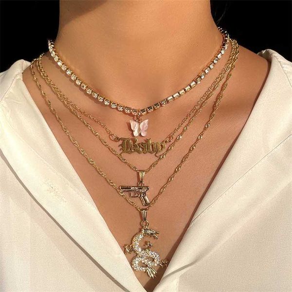 Anhänger Halsketten 2023 Neue süße Schmetterling Tennis Kette Choker Halskette für Frauen Goldener Kristall Drache Buchstabe Mehrschichtiger Metallschmuck 230613