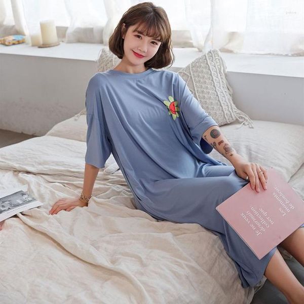 Pijamas femininos tamanho grande com decote em O Camisola Modal Girassol Meia Manga Feminina Roupa de Dormir Macia para Mulheres Grávidas Vestido de Noite Solto