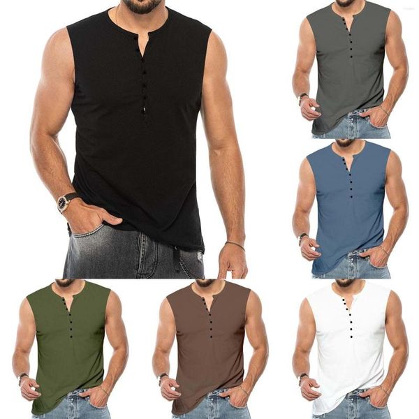 Herren-T-Shirts, langärmelig, Freizeithemd, einfarbig, Baumwolle, für Mode, Frühling und Sommer, ärmellos, O-Ausschnitt, Knopfleiste