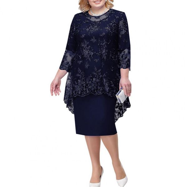 Abiti Oneck a vita alta Abito longuette taglie forti Abito da festa Ricamo in pizzo Manica a 3/4 Abito da sera da donna Elegante aderente Abbigliamento femminile