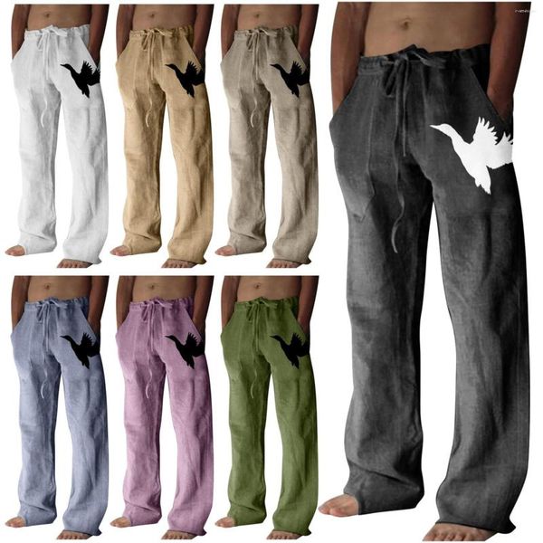 Pantaloni da uomo in cotone e lino per uomo con stampa di uccelli, casual, larghi, larghi, stile hippie, retrò, classico, calzino elasticizzato