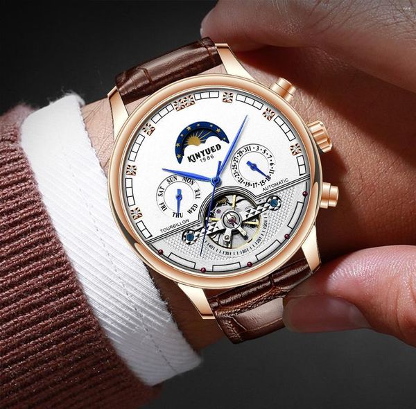Bilek saatleri kinedued otomatik adam izle ay aşaması erkekler iş kol saati orijinal deri kayış lüks en iyi marka saat relogio
