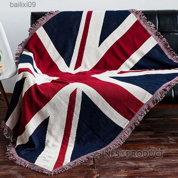 Coperte 130x180cm Coperta per divano Tessuto di cotone UK USA Flag Design Letto a maglia Copridivano Copripiumino Getta con nappe T230710