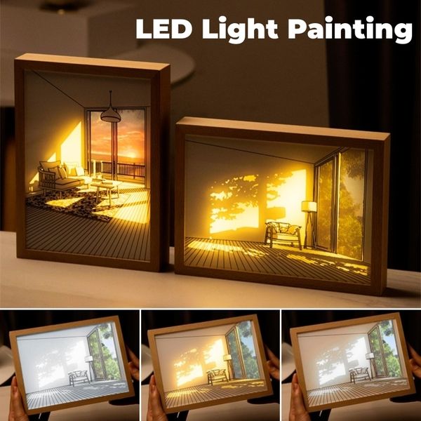 Dekorative Objekte Figuren Neuheit Kunst Bild LED Malerei Tischleuchte USB Holzrahmen Wand Desktop Lampe Schlafzimmer Fenster Schatten Nacht P o 230710