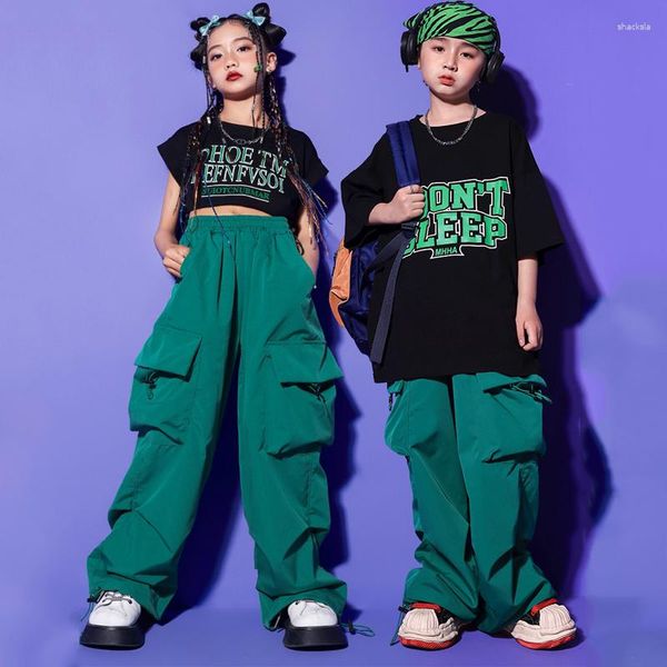 Roupas de palco 2023 crianças baile hip hop trajes de dança para crianças tops pretos soltos calças verdes streetwear meninas meninos roupas de jazz dqs13362