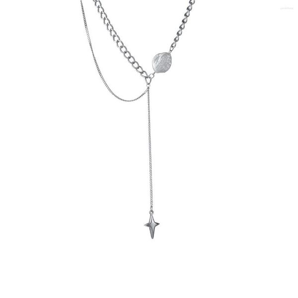 Collane con ciondolo Collana Colore argento Acciaio inossidabile Giunzione Stella a quattro punte Perla Doppio strato Regalo alla moda per donna Ragazza