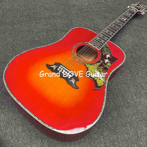 Özel 12 Dizeler Alevli Akçaağaç Boyun Arka Yan GB tarzı akustik gitar kırmızı kaplama renk