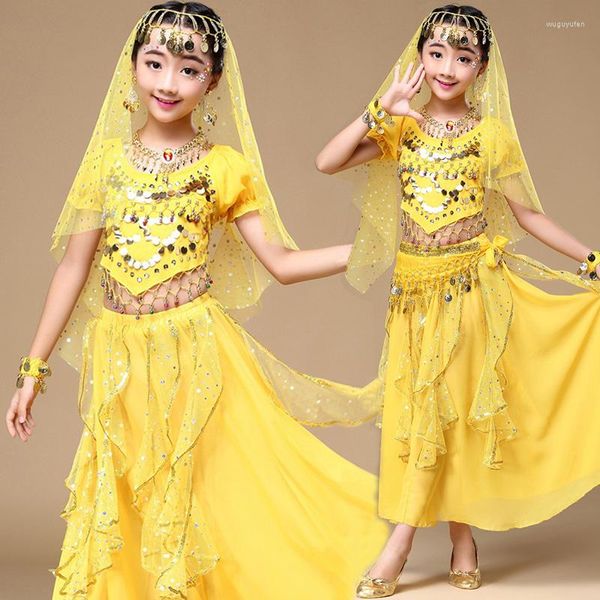 Sahne Wear 4pcs Set Kız Göbek Dans Kostümü Çocuk Elbise Çocuk Bollywood Dans Kostümleri Performans Giysileri