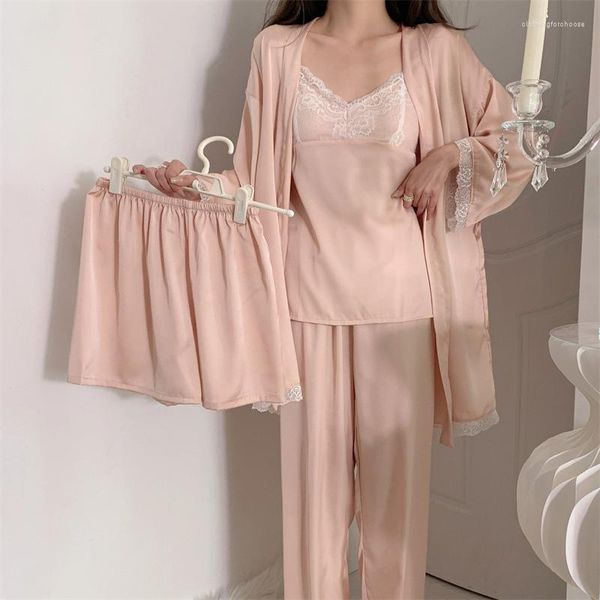 Roupa de dormir feminina Jxgarb 4 peças Robe Top Shorts Calças Conjuntos de pijama Sexy Faux Silk Senhoras Roupas para casa Lace Feminino Terno